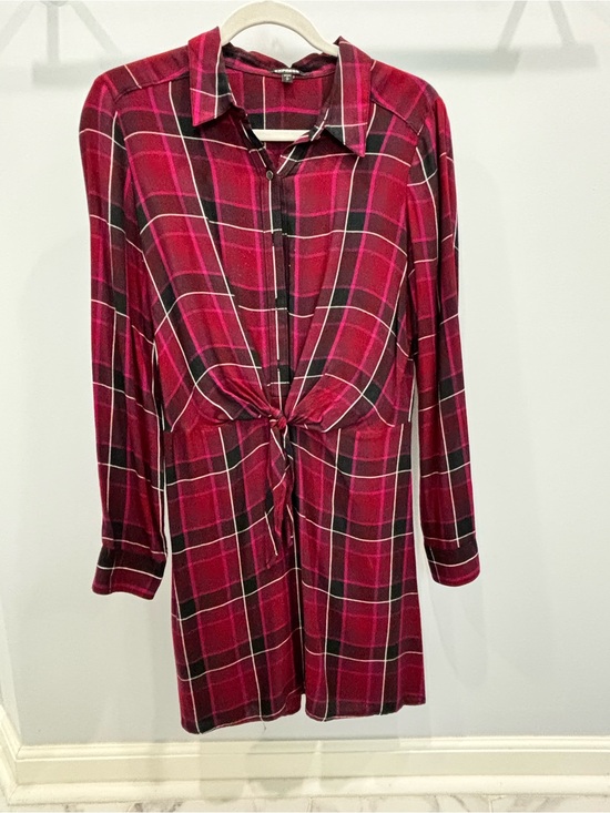 Express Dresses & Skirts - Express Red Plaid Tie-Front Long Sleeve Shirt Dress